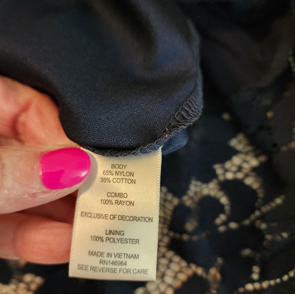 Robbie Lee Navy Blue Lace Dress Bare Shoulder Playful Chic 1X Romantic Sexy - Picture 9 of 13